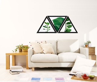 Conjunto Trio de Quadros Formato Triângulos Folhas Verdes 90x40cm