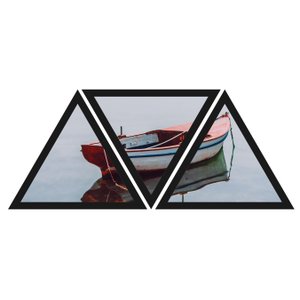 Conjunto Trio de Quadros Triângulos Lagoa Barco 90x40cm Conjunto Trio de Quadros Triângulos Lagoa Barco 90x40cm