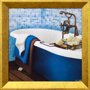 Quadro Decorativo com Moldura Dourada Banheira Branca e Azul com Toalhas Coloridas 30x30cm Quadro Decorativo com Moldura Dourada Banheira Branca e Azul com Toalhas Coloridas 30x30cm