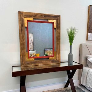 Espelho Cristal com Moldura Rústico Marrom, Vermelho e Dourado