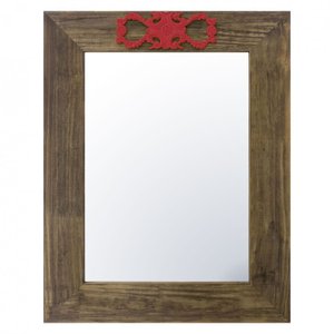 Espelho Decorativo com Moldura Marrom e Aplique Vermelho