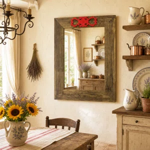 Espelho Decorativo com Moldura Marrom e Aplique Vermelho