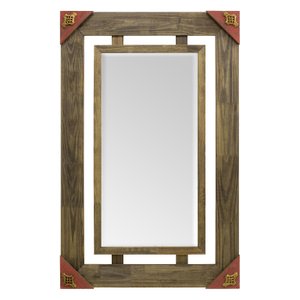 Espelho Decorativo Rústico com Moldura Marrom Vazada e Acabamento Vermelho com Apliques Dourados Espelho Decorativo Rústico com Moldura Marrom Vazada e Acabamento Vermelho com Apliques Dourados
