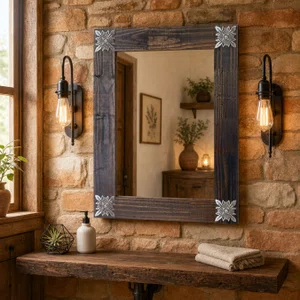 Espelho Decorativo Rústico Moldura Marrom com Apliques na Cor Prata Envelhecido