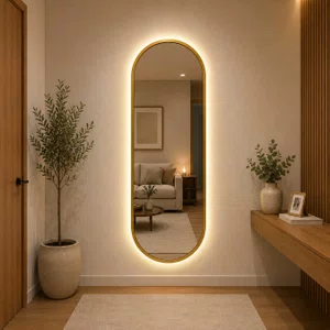 Espelho LED Retangular Arredondado com Moldura Dourada: Elegância e Estilo para o seu Ambiente