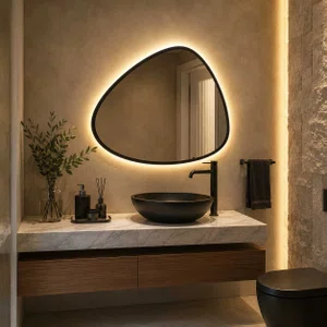 Espelho Orgânico Grande com LED e Moldura Preta Laqueada: Versátil para Qualquer Ambiente