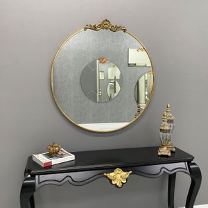 Espelho Redondo Estilo Clássico com Moldura Dourada Folheada À Mão com Folha Ouro