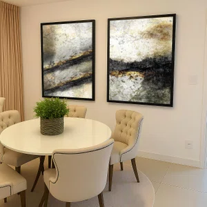 Kit 2 Quadros Abstratos em  Tons Neutros com Toque Dourado com Moldura e Vidro Kit 2 Quadros Abstratos em  Tons Neutros com Toque Dourado com Moldura e Vidro