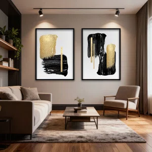 Kit 2 Quadros Abstratos Minimalistas em Preto e Dourado com Moldura e Vidro Kit 2 Quadros Abstratos Minimalistas em Preto e Dourado com Moldura e Vidro