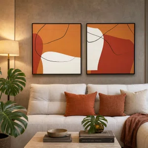 Kit 2 Quadros Abstratos Modernos Laranja, Terracota e Off-White 100x100 cm Cada Quadro