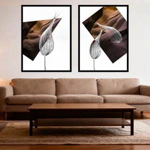 Kit 2 Quadros de Flores Metálicas e Arte Moderna Abstrata com Moldura e Vidro