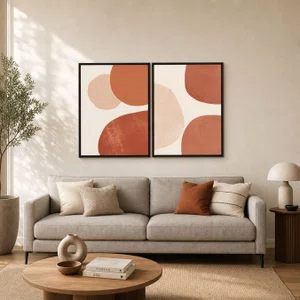 Kit 2 Quadros Decorativos Arte Moderna Abstrata Orgânica Terracota Pêssego Boho