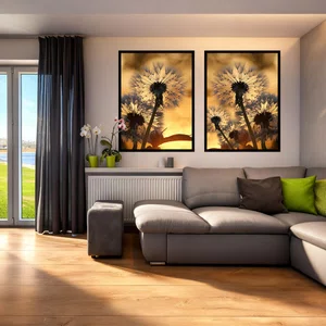 Kit 2 Quadros Dente de Leão Filamentos Brancos no Pôr do Sol com Moldura e Vidro