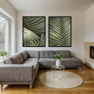 Kit 2 Quadros Folhas de Palmeira Fibrosas e Verde Sálvia com Moldura e Vidro