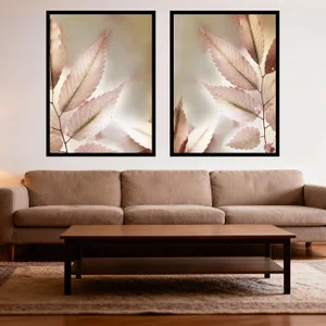 Kit 2 Quadros Folhas Secas Rosadas Outonais Texturas Etéreas com Moldura e Vidro