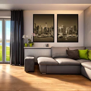 Kit 2 Quadros Skyline Noturno Cidade de Manhattan Iluminada com Moldura e Vidro