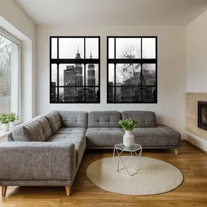 Kit 2 Quadros Urbano Torres e Arranha-Céus Decoração Janela com Moldura e Vidro