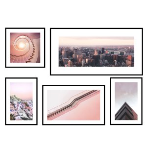 Kit com 5 Quadros Cidades Arquitetura Rosa Millennial 190x120 cm
