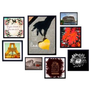 Kit com 8 Quadros Decorativos Frases Paris Coliseu Londres e Floral