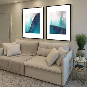 Kit de 2 Quadros Abstrato Modernos Tons de Azul e Dourado com Moldura e Vidro Kit de 2 Quadros Abstrato Modernos Tons de Azul e Dourado com Moldura e Vidro