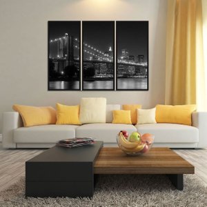 Kit de 3 Quadros em Preto e Branco New York Ponte Brooklyn Tamanhos Especiais