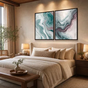Kit de Quadros Abstratos Arte Fluida Tons de Verde Água e Lílas Estilo Mármore