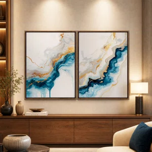 Kit de Quadros Abstratos Modernos Formas Fluidas de Azul Profundo e Ouro Metálico
