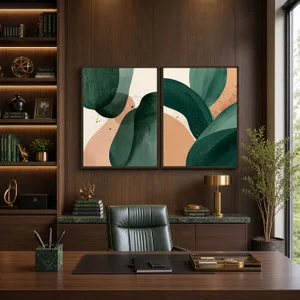 Kit de Quadros Abstratos Orgânicos Verde e Pêssego Decorativo Estilo Japandi