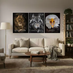 Kit de Quadros Animais Poderosos Disciplina Leão, Execução Lobo e Foco Águia