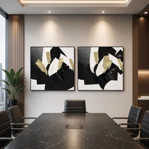 Kit de Quadros Arte Abstrata Moderna em Preto e Dourado 100x100cm Cada Quadro