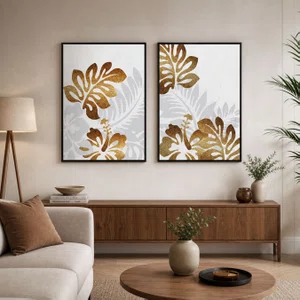 Kit de Quadros Botânicos Tropical Folhas Douradas e Cinzas 70x100cm Cada Quadro