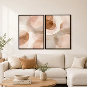Kit de Quadros Decorativos Abstratos Neutros Linhas Douradas e Tons Terrosos