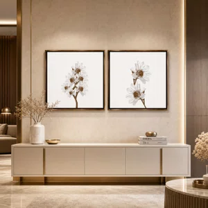 Kit de Quadros Florais Branco e Dourado Moldura Laqueada Bronze 70x70 cm Cada Quadro