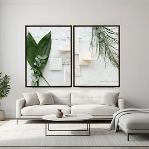 Kit de Quadros Folhas Verdes e Mármore Quartzo Decoração Minimalista de Luxo