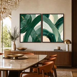 Kit de Quadros Pinceladas Abstratas Orgânicas Verde Floresta com Sálvia e Dourado