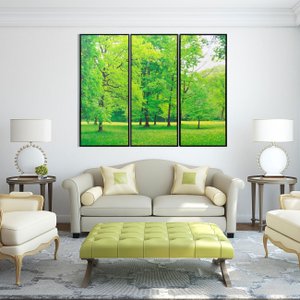 Kit de Telas Decorativas com Moldura Parque com Árvores Floridas Kit com 3 quadros 58x133cm