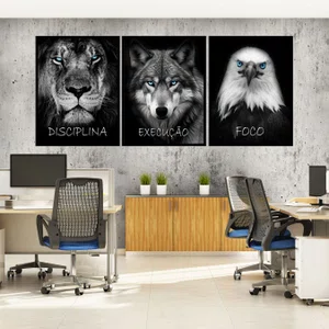 Kit Quadros Motivacionais Animais, Leão Disciplina, Lobo Execução e Águia Foco