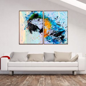 Par de Quadros Aquarela Arara Tela Canvas com Moldura 110x70cm