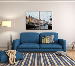 Par de Quadros Arte Pintura Porto de Copenhagen Barcos 140x100cm