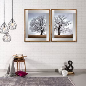 Par de Quadros com Moldura Rústica e Espelho Árvore Seca 2 Quadros de 64x79cm