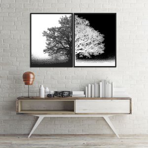 Par de Quadros em Preto e Branco Árvore Positivo Negativo Kit com 2 Quadros de 55x70cm