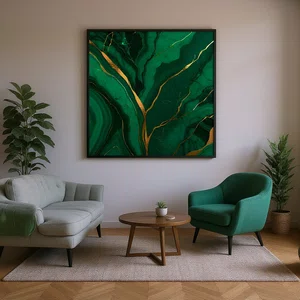 Quadro Abstrato Arte Luxuosa em tons de Verde Esmeralda com Moldura e Vidro Quadro Abstrato Arte Luxuosa em tons de Verde Esmeralda com Moldura e Vidro