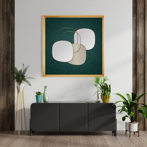Quadro Abstrato Arte Orgânica com Moldura Dourada 95x95 cm