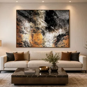 Quadro Abstrato em Canvas Tons de Cobre Preto e Dourado Moldura Dourada 170x120 cm