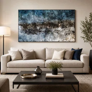 Quadro Abstrato em Tela Canvas Tons Azuis e Preto Moldura Prata Envelhecida 160x90 cm