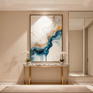 Quadro Abstrato Formas Fluidas em Azul e Ouro Decoração Minimalista Moderna