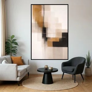 Quadro Abstrato Geométrico Arte Moderna em Tons de Dourado, Bege e Preto