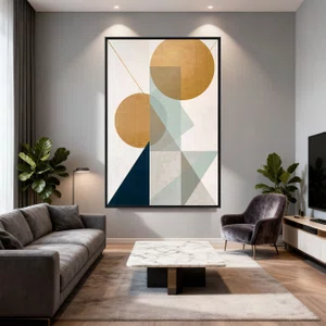 Quadro Abstrato Geométrico Círculos Dourados e Elementos Sálvia e Marinho