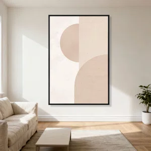 Quadro Abstrato Geométrico com Formas Circulares em Tons Bege e Creme Neutro