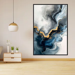 Quadro Abstrato Mármore Azul Dourado Fluido Arte Decorativa Elegante Moderna